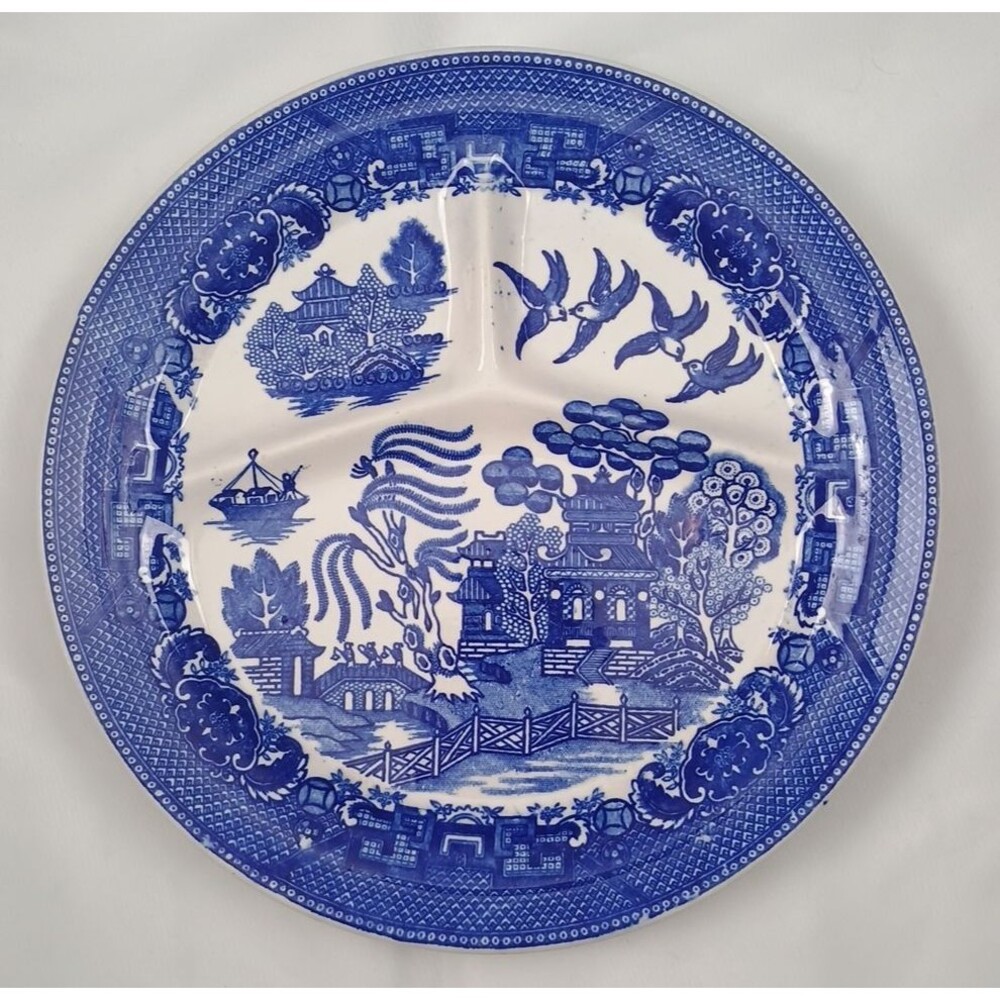 Moriyama Blue Willow Grill Plate Sectioned Serving Dish 10” Dinner Japan